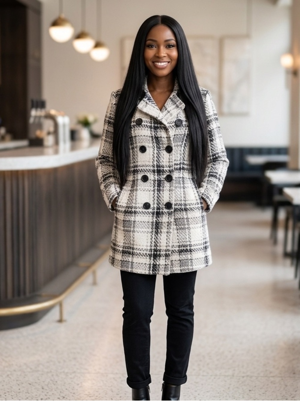 Iz Byer Black and White Plaid Pea Coat